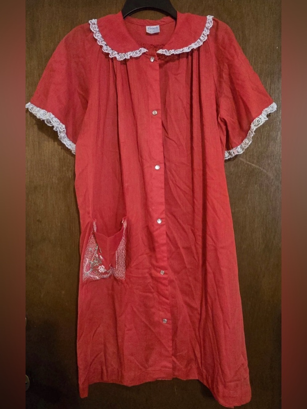 Vintage Carole Red Housecoat Duster Robe Lace Peter Pan Collar Size Large